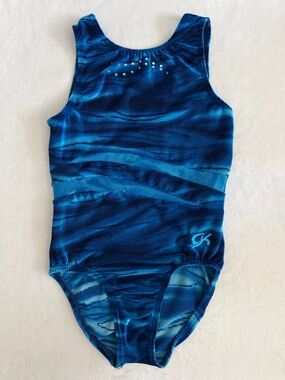 {VTG} GK Elite | Blue Wave Rhinestone Textured Velour Foil Accent Leotard (L)